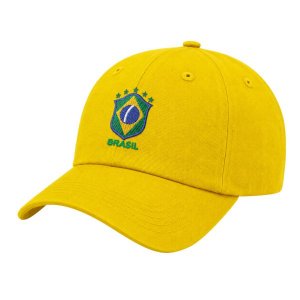 Boné Aba Curva Fita 6 Paineis Sarja De Algodão Amarelo Bordado Escudo Brasil