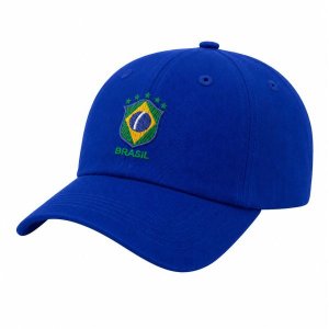 Boné Aba Curva Fita 6 Paineis Sarja De Algodão Azul Bordado Escudo Brasil