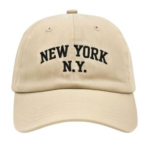 Boné Aba Curva Fita 6 Paineis Sarja De Algodão Bege Bordado New York