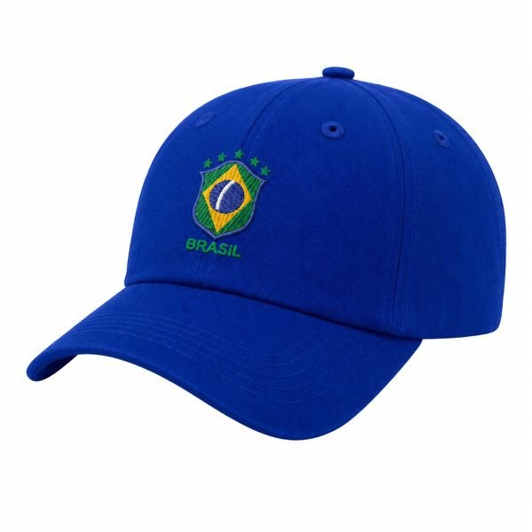Boné Aba Curva Fita 6 Paineis Sarja De Algodão Azul Bordado Escudo Brasil