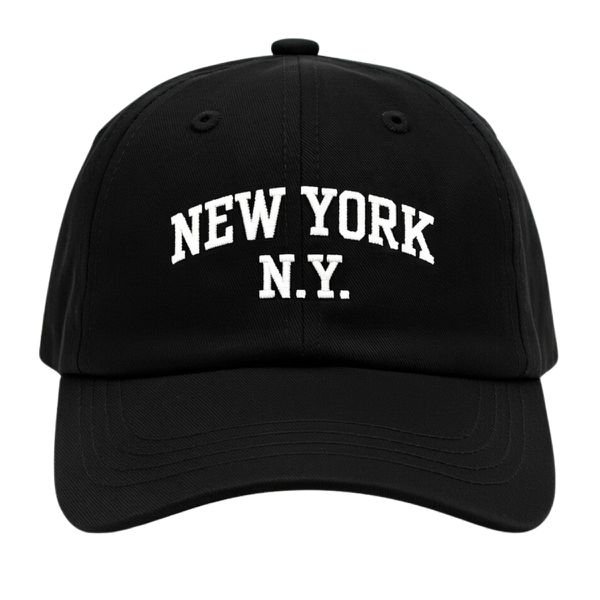 Boné Aba Curva Fita 6 Paineis Sarja De Algodão Preto Bordado New York